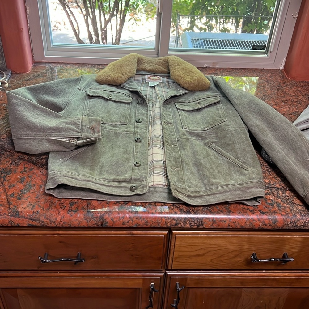Banana Republic, Jean jacket and matching pants outfit distressed olive color